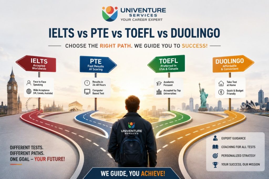 Univentures Services provides expert coaching for IELTS, PTE, TOEFL, and Duolingo along with study abroad guidance